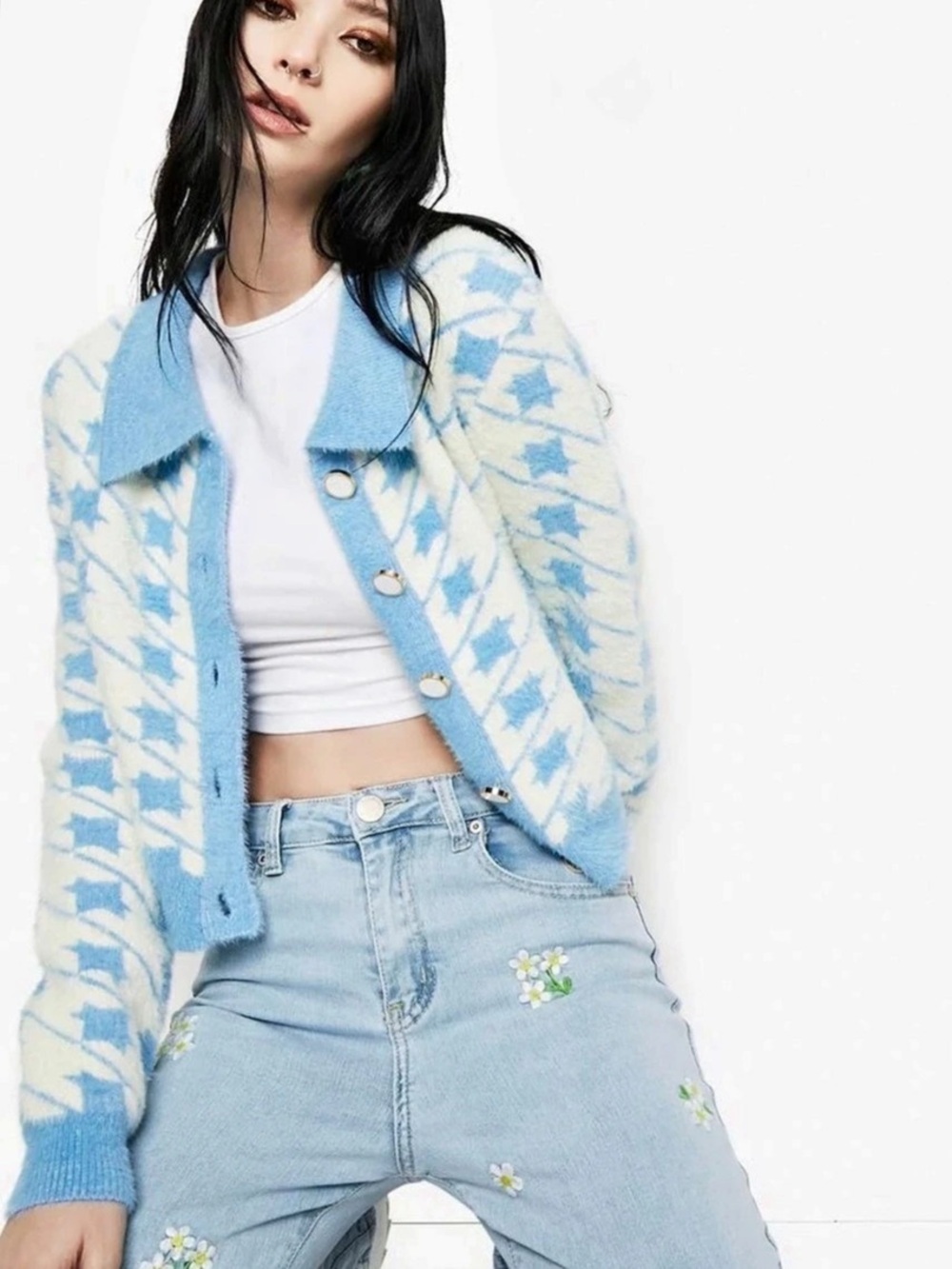 New size S Glamorous Blue and Cream Star Pattern Fluffy Knit Cardigan with Colla